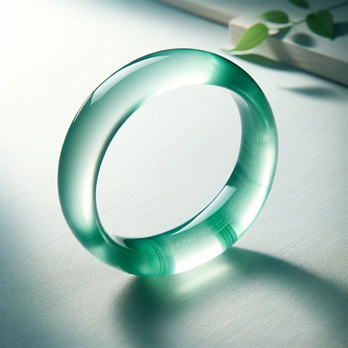 DALL·E 2023-11-21 10.46.34 - A photograph of a complete, transparent, water-like but softly lustrous green jade bangle displayed on a table for a flat lay product image, intended .jpg